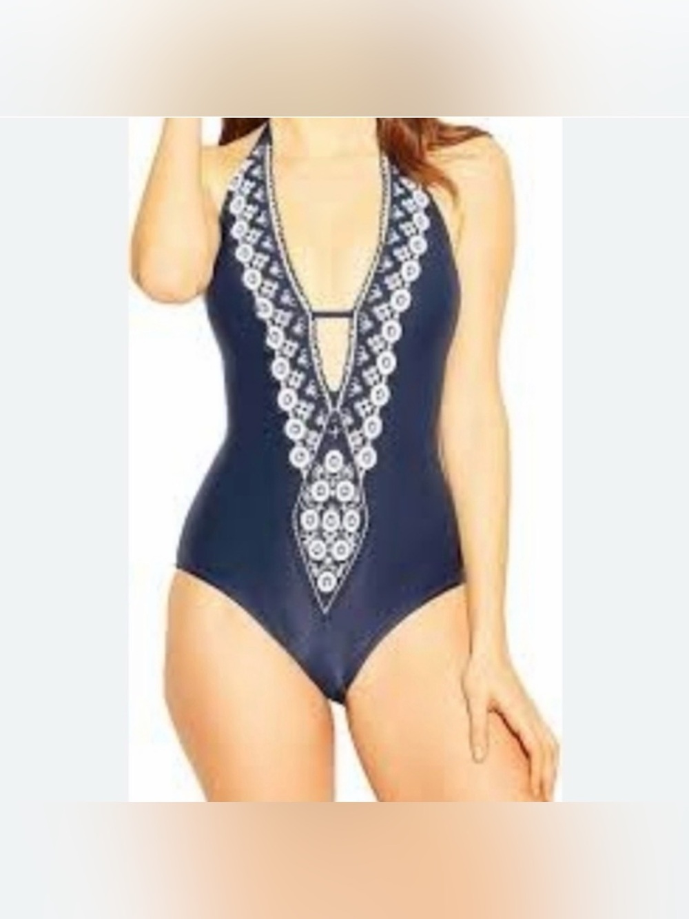 Kona Sol Dark Navy & White Embroidered Halter One-Piece Swimsuit (Size Medium) - Picture 2 of 6